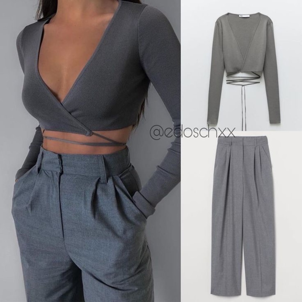 Zara knit crop top gray strap long sleeve V-neck top shirt small